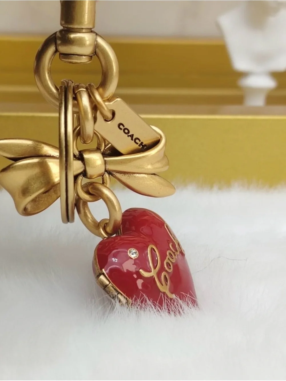 Coach Gold Bow and Red Heart Locket Charm Keychain